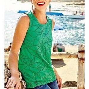 CABI Size S 5036 Gemma Eyelet Lace Tank Top Kelly Green 100% Cotton‎ Hi- Lo Hem
